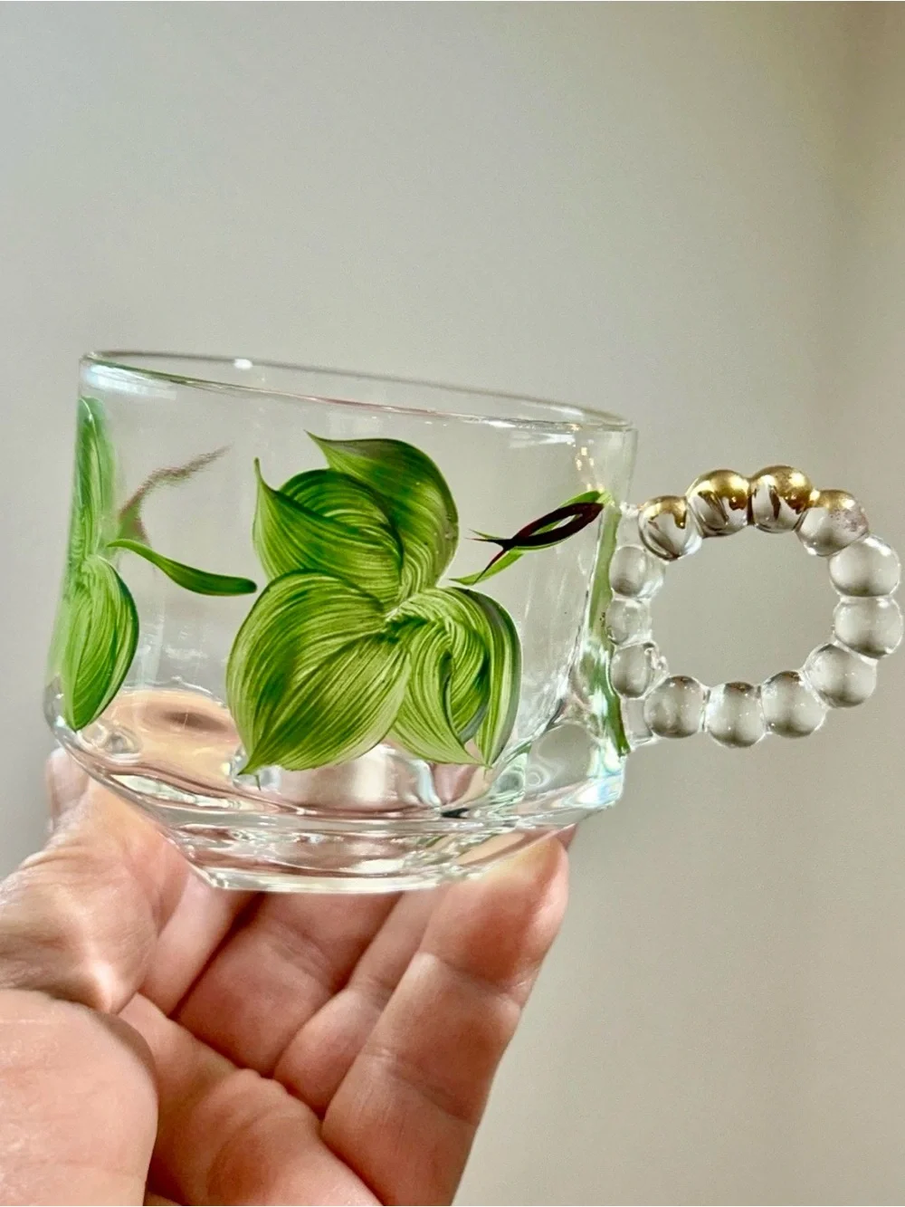 4 Vtg Gay Fad Hazel Atlas Glass 22K Gold Boopie Handle Green Ivy Tea Cup MCM 4oz